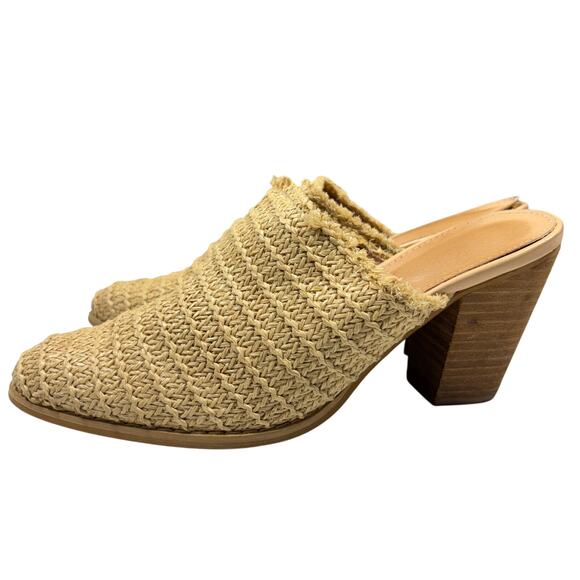 MiiM Mi.iM Raffia Woven Block Heel Mules Slides Sandals Khaki Tan 3.5" Boho 8.5 - Picture 1 of 6